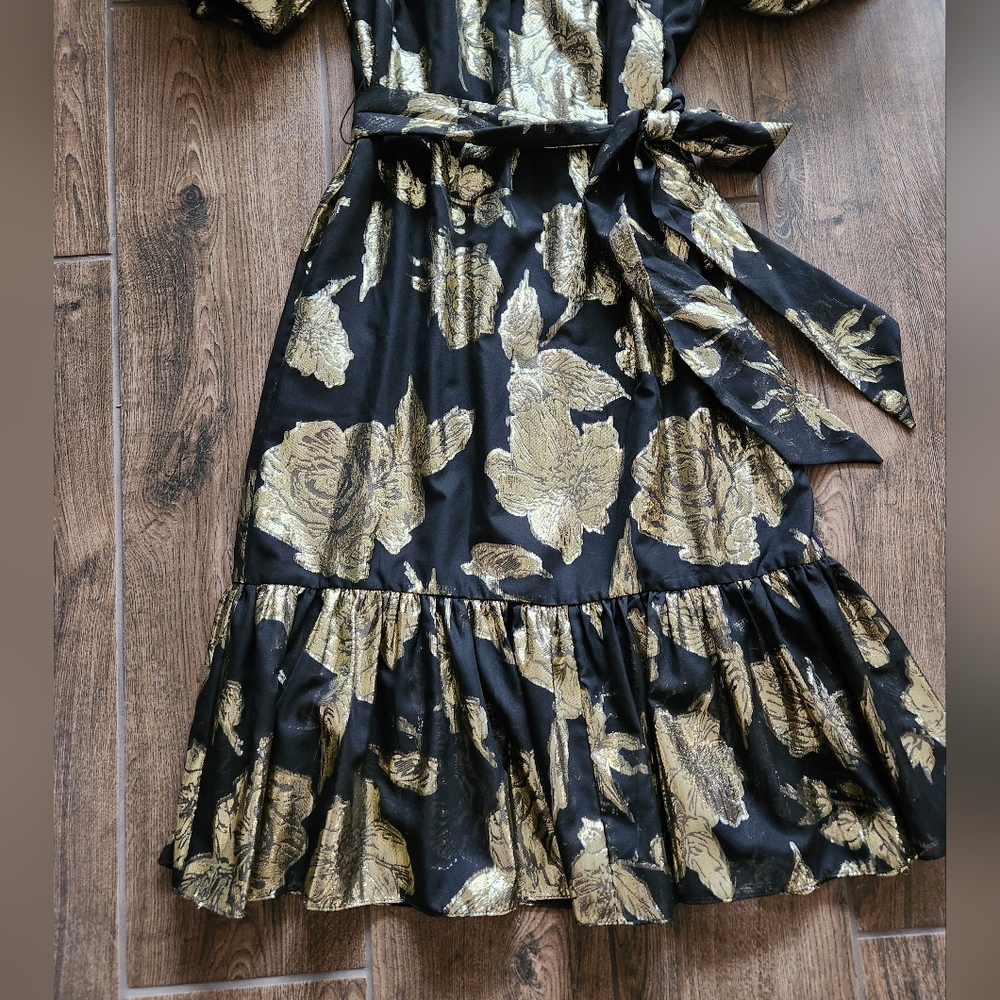 NWT Alex Marie Black Gold Rose Floral Print Black Ruffle Midi Puff Sleeve Dress - Picture 9 of 14